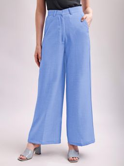PURVAJA - Women Comfort Relaxed Fit Below Knee Flat Front High Rise Solid Formal Trouser Blue