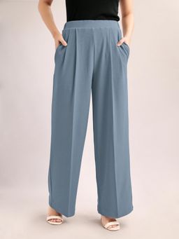 PURVAJA - Women Relaxed Straight Leg Loose Below Knee Pleated High Rise Solid Regular Trouser Grey