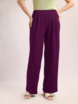 PURVAJA - Women Relaxed Straight Leg Loose Below Knee Pleated High Rise Solid Regular Trouser Wine