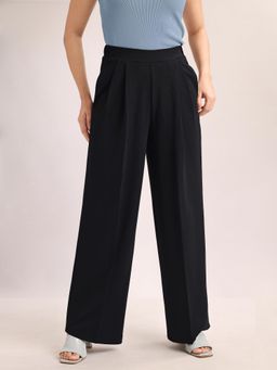 PURVAJA - Women Relaxed Straight Leg Loose Below Knee Pleated High Rise Solid Regular Trouser Black