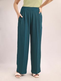 PURVAJA - Women Relaxed Straight Leg Loose Below Knee Pleated High Rise Solid Regular Trouser Aqua (