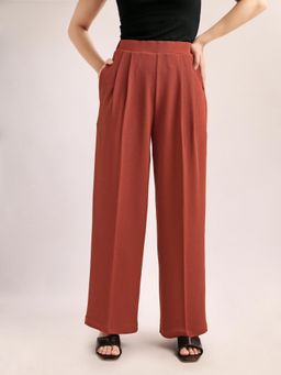 PURVAJA - Women Relaxed Straight Leg Loose Below Knee Pleated High Rise Solid Regular Trouser Rust