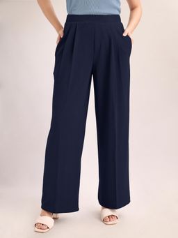 PURVAJA - Women Relaxed Straight Leg Loose Below Knee Pleated High Rise Solid Regular Trouser Navy Blue