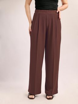 PURVAJA - Women Relaxed Straight Leg Loose Below Knee Pleated High Rise Solid Regular Trouser Brown