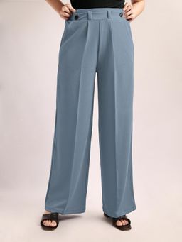 PURVAJA - Women Relaxed Straight Leg Loose Fit Below Knee Pleated Solid Regular Trouser Grey