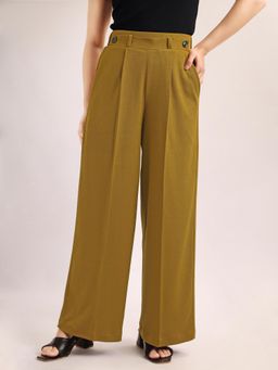 PURVAJA - Women Relaxed Straight Leg Loose Fit Below Knee Pleated Solid Regular Trouser Gold