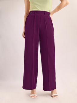 PURVAJA - Women Relaxed Straight Leg Loose Fit Below Knee Pleated Solid Regular Trouser Wine