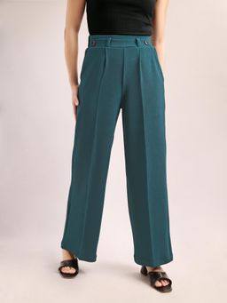 PURVAJA - Women Relaxed Straight Leg Loose Fit Below Knee Pleated Solid Regular Trouser Aqua