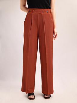 PURVAJA - Women Relaxed Straight Leg Loose Fit Below Knee Pleated Solid Regular Trouser Rust