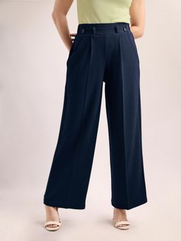 PURVAJA - Women Relaxed Straight Leg Loose Fit Below Knee Pleated Solid Regular Trouser Navy Blue