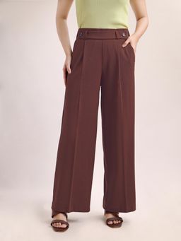 PURVAJA - Women Relaxed Straight Leg Loose Fit Below Knee Pleated Solid Regular Trouser Brown