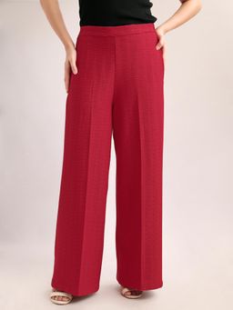 PURVAJA - Women Relaxed Straight Leg Loose Fit Below Knee Flat Front Solid Regular Trouser Red