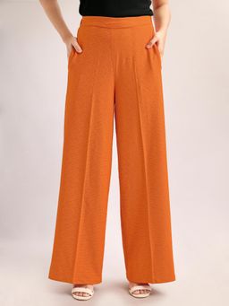 PURVAJA - Women Relaxed Straight Leg Loose Fit Below Knee Flat Front Solid Regular Trouser Orange