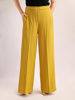 PURVAJA - Women Relaxed Straight Leg Loose Fit Below Knee Flat Front Solid Regular Trouser Yellow