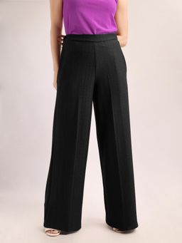 PURVAJA - Women Relaxed Straight Leg Loose Fit Below Knee Flat Front Solid Regular Trouser Black