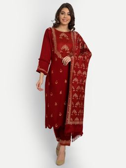 HK colours of fashion - Maroon & Beige Pashmina Unstitched Dress Material (Set of 3)