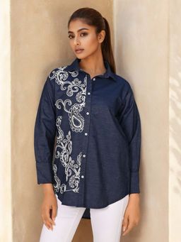 Autumnlane - Sharanya Hibis Embroidery Denim Shirt