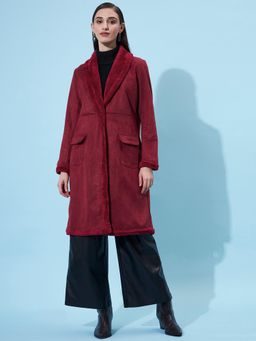 AAREIN - Maroon Long Sleeves Solid Suede Casual Regular Fit Overcoats