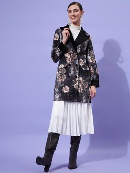 AAREIN - Black Long Sleeves Floral Printed Polyester Casual Regular Fit Overcoat