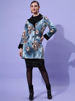 AAREIN - Blue Long Sleeves Printed Polyester Casual Regular Fit Winter Coat