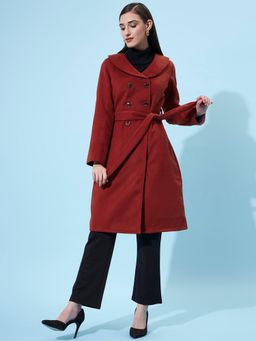 AAREIN - Maroon Long Sleeves Solid Suede Casual Regular Fit Overcoat Coat with Belt