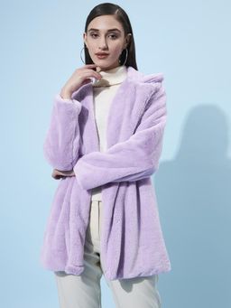 AAREIN - Lavender Long Sleeves Solid Faux Fur Casual Regular Fit Winter coat