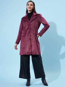 AAREIN - Burgundy Long Sleeves Solid Suede Casual Regular Fit Overcoat
