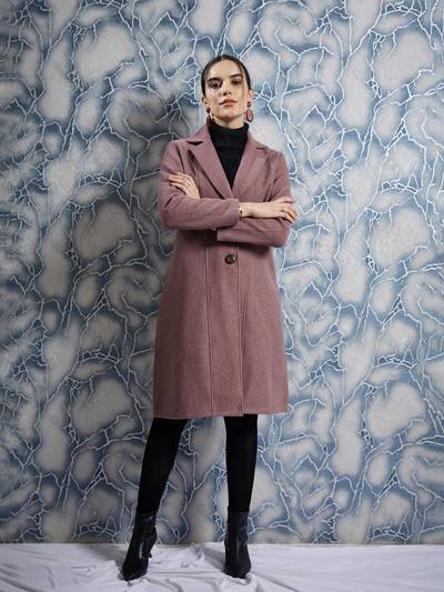 Pink Long Sleeves Solid Woolen Casual Regular Fit Overcoat