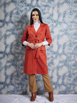 AAREIN - Rust Long Sleeves Solid Suede Casual Regular Fit Overcoat with Belt