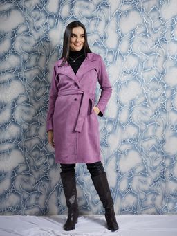 AAREIN - Lavender Long Sleeves Solid Suede Casual Regular Fit Overcoat with Belt