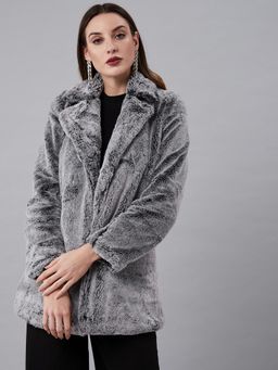 AAREIN - Grey Long Sleeves Solid Faux Fur Formal Regular Fit Winter coat
