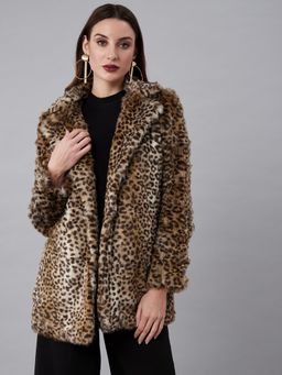 AAREIN - Beige Long Sleeves Self Design Faux Fur Formal Regular Fit Winter coat