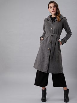 AAREIN - Grey Long Sleeves Solid Woolen Formal Regular Fit Overcoat with Belt