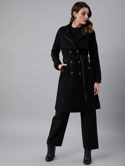 Black Long Sleeves Solid Woolen Formal Regular Fit Parka Coats