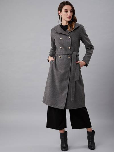 Grey Long Sleeves Solid Woolen Formal Regular Fit Overcoat