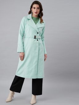 AAREIN - Sea green Long Sleeves Solid Woolen Formal Regular Fit Overcoat with Belt