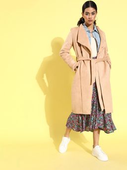 AAREIN - Beige Long Sleeves Solid Suede Casual Regular Fit Overcoat with Belt