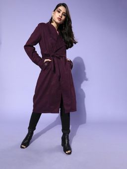 AAREIN - Purple Long Sleeves Solid Suede Casual Regular Fit Overcoat with Belt