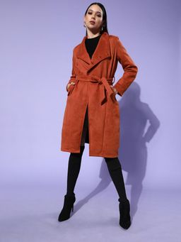 AAREIN - Rust Long Sleeves Solid Suede Casual Regular Fit Overcoat with Belt