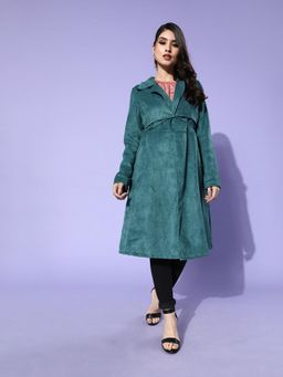 AAREIN - Teal Long Sleeves Solid Suede Regular Fit Overcoat