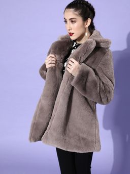 AAREIN - Grey Long Sleeves Printed Faux Fur Casual Regular Fit Winter Coat