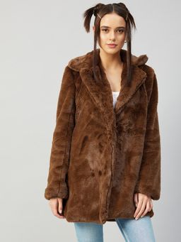 AAREIN - Camel Brown Long Sleeves Printed Faux Fur Casual Regular Fit Winter Coat
