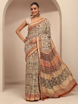 Libas - Women Beige Cotton Blend Printed Saree and Unstitched Blouse Piece