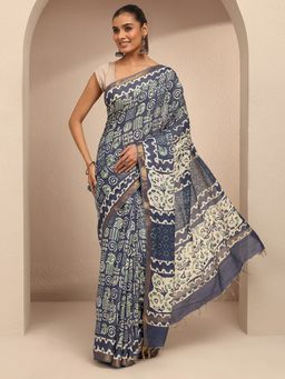Libas - Women Blue Cotton Blend Printed Saree and Unstitched Blouse Piece