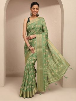 Libas - Women Green Silk Blend Printed Saree and Unstitched Blouse Piece