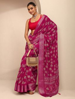 Libas - Women Pink Silk Blend Printed Saree and Unstitched Blouse Piece