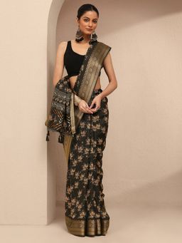 Libas - Women Black Silk Blend Printed Saree and Unstitched Blouse Piece