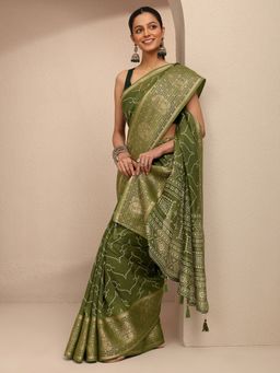 Libas - Women Green Silk Blend Printed Saree and Unstitched Blouse Piece