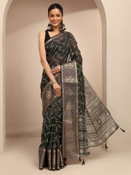 Libas - Women Black Silk Blend Printed Saree and Unstitched Blouse Piece