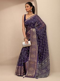Libas - Women Purple Silk Blend Printed Saree and Unstitched Blouse Piece